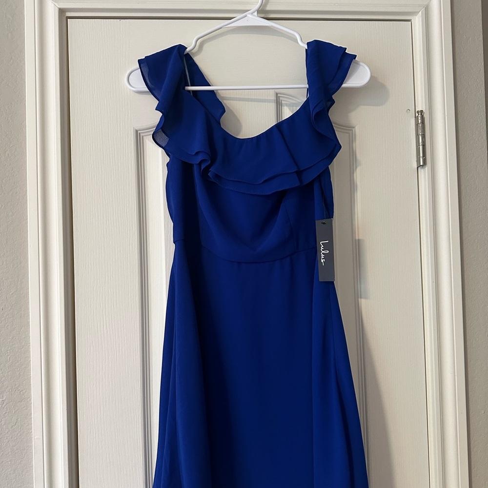 Lulu's Blue One Shoulder Ruffled Sundress